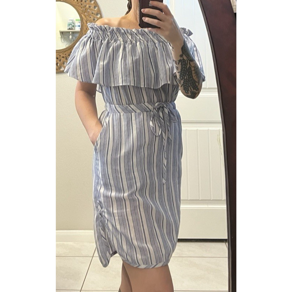 LinenLux | Medium | Flutter Shoulder Blouson Dress | Coverup | POCKETS | EUC